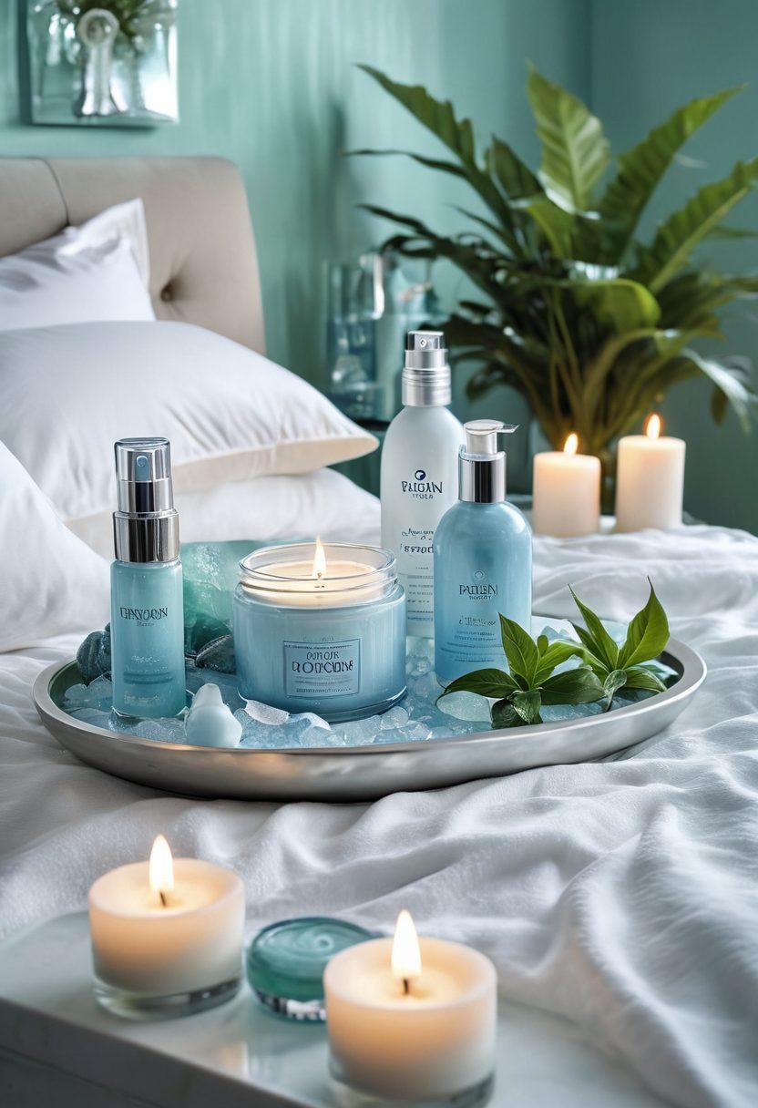 A serene beauty scene featuring an assortment of frozen beauty products like face masks and serums, artistically arranged on an ice bed. Soft blue and white lighting creates a cool ambiance, with hints of glistening frost around the products. Include a peaceful backdrop of a spa-like atmosphere with plants and candles. The frozen beauty items should appear enticing and luxurious, showcasing their refreshing nature. super-realistic. vibrant colors. white background.